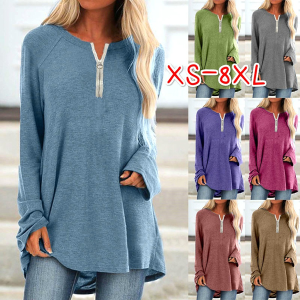 XS-8XL Plus Size Fashion Tops Autumn and Winter Clothes Casual Long Tops Zipper V-neck Pullover Sweatshirts Ladies Solid Color Loose Cotton T-shirts | Wish