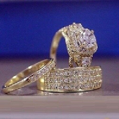 Diamond 14K Yellow Gold Fn Trio His Her Bridal Wedding Band Engagement Ring Set 