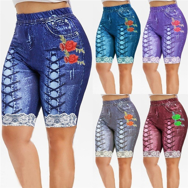 Women Fashion 3D Floral Print Denim Shorts Leggings Plus Size