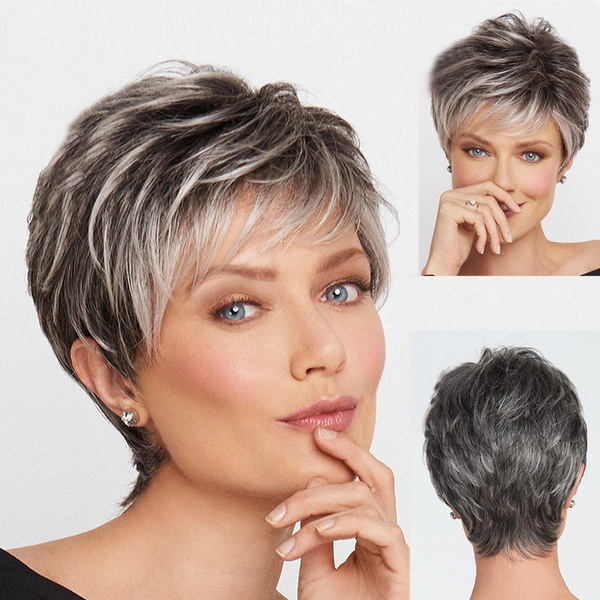 Women Short Wig Grey Color Short Straight Wigs with White Bangs ...