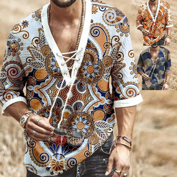 Men`s Summer Bohemia Boho Fashion V Neck Floral Print Shirts Casual Blouse  Man Linen Tops for Man Loose Viking Shirt Vintage Medieval Beach T Shirt  5XL | Wish