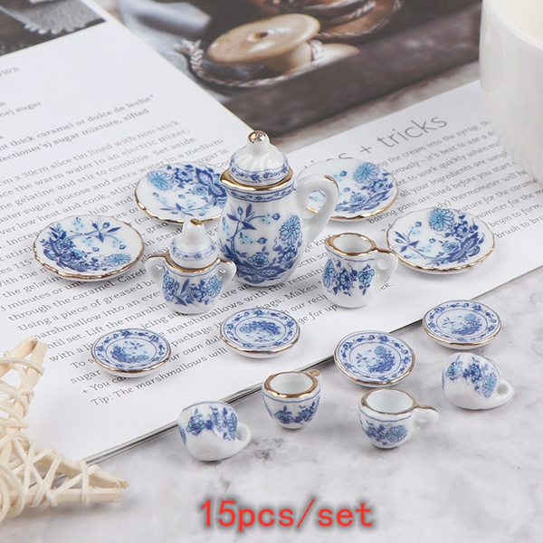 1:12 Miniature 15pcs Porcelain Tea Cup Set Chintz Flower Tableware KitcheR ad 