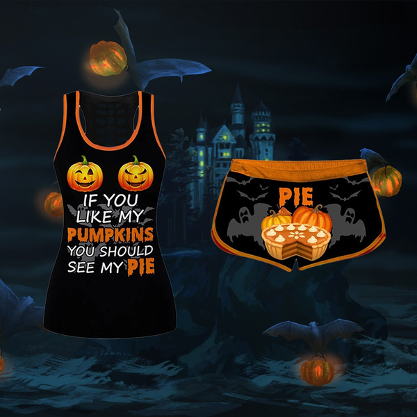 If You Like My Pumpkin Pie Tank Shorts Pumpkins Pie Set Halloween Women Skull Loungewear Pajamas 2 Piece Plus Size