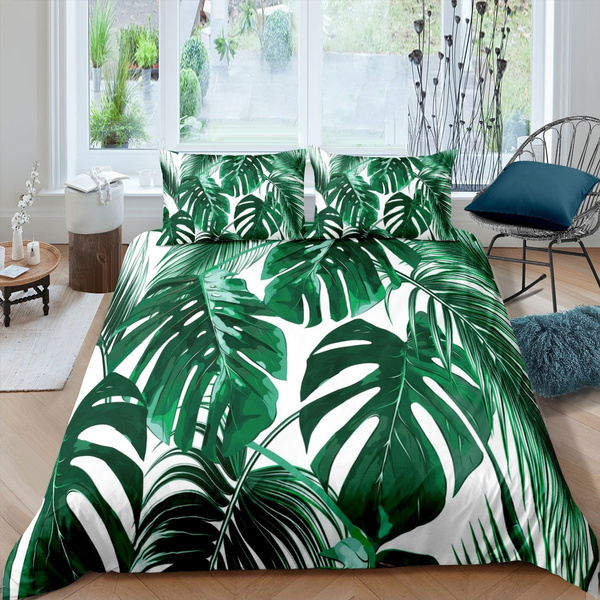 Fusion TROPICAL Bedding Large Leaf and Striped Reverse Duvet Cover Set 