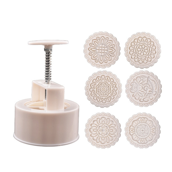 250g Mooncake Mold with 6pcs Round Flower Stamps Hand Press Moon Cake Pastry DIY Mid-Autumn 