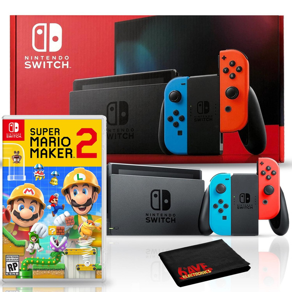 Nintendo Switch With Neon Blue And Red Joy-con Bundle With Super Mario 