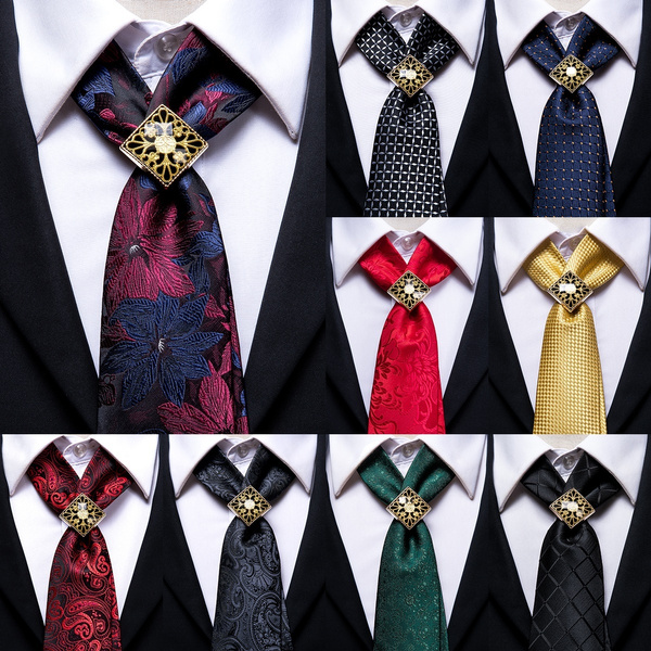 Formal Mens Necktie Set Alloy Tie Ring Paisley Striped Ties Silk Handkerchief Cufflinks Bolo Tie