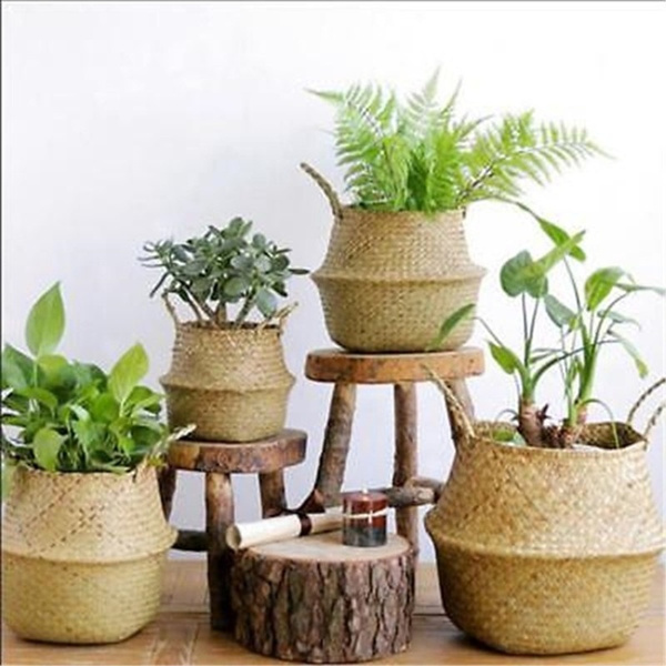 Basket Rattan Folding Wicker Handle Round Natural Sea Grass Plant Storage WoodST 