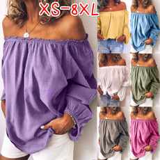 XS-8XL Plus Size Tops Autumn and Winter Shirts Fashion Clothes Women's Casual Long Sleeve Shirts Pleated Loose T-shirts Chiffon Blouses Ladies Elastic Neck Off Shoulder Solid Color Linen Tops