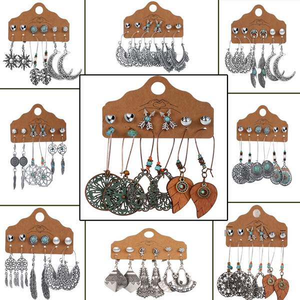 Vintage Boho Flower Moon Pendientes De Mujer Conjunto Plumas Vintage Boho Flower Moon Pendientes De Mujer Conjunto Plumas