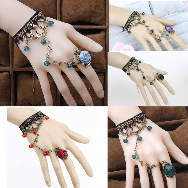 Retro Hua Teng Crystal Lace Bracelet Ring Two In One Jewelry Bracelet Ring Jewelry Wish