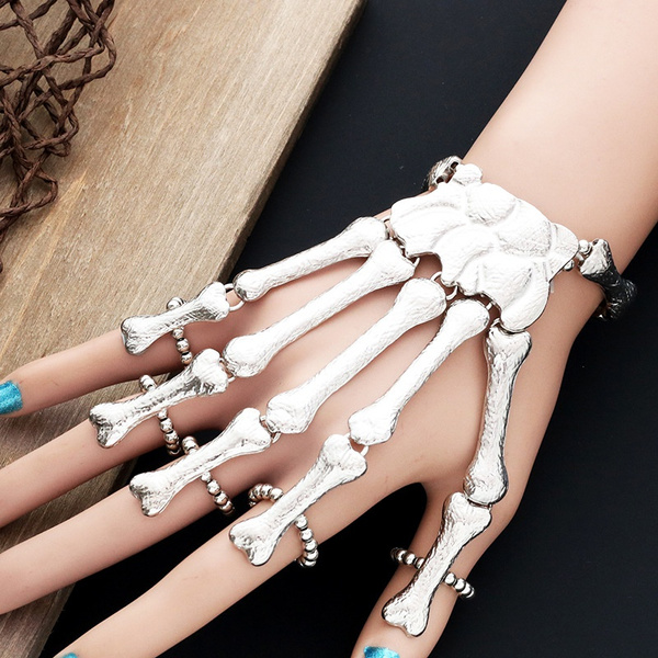 2Pcs Punk Halloween Adhere Hand Back Palm Skeleton Bracelets with Ring  Gothic Wristband Skull Bone Joint Finger Cover for Women Girls Funny  Cosplay Party Goth Jewelry, Metal, withoutgem price in UAE |