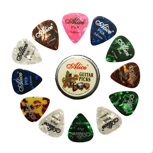 Alice 12pcs Celluloid Plectrums Acoustic Electric Guitar Colorful Picks 0.46mm/0.71mm/0.81mm in 1 Round Metal Picks Box 