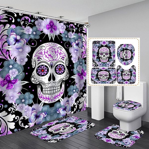 Halloween Bathroom Toilet Cover+Non-slip Pedestal Rug+Bath Mat Shower Curtain 