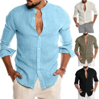 Men's Cotton Linen Shirt Loose Tops Long Sleeve Tee Casual Shirt Men ...