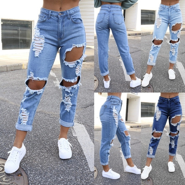 Women Fashion Ripped Jeans Pure Color 