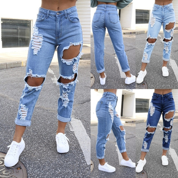 Pants for Women Trendy Solid Color High Waist Wide Leg Ripped