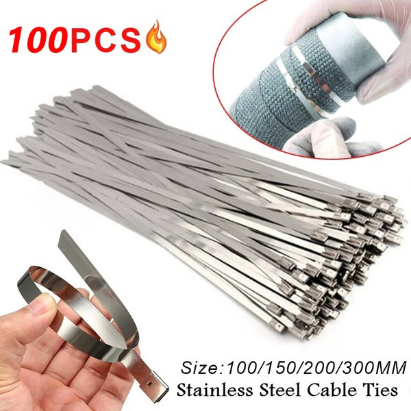 100Pcs 12" Stainless Steel Header Wrap Straps Self Locking Cable Zip Ties Metal 