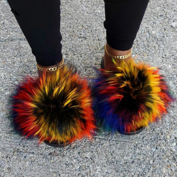 Summer Fluffy Raccoon Fur Slippers Shoes Women Fox Fur Flip Flop