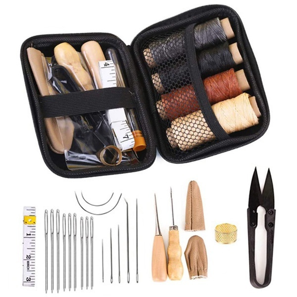 Leather Sewing Kit with Large-Eye Stitching Needles Leather Working Tools  and Supplies Waxed Thread Leather Sewing Tools for DIY Leather Craft