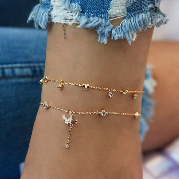 Download Fashion Butterfly Heart Multi Layer Chain Bracelet Charm Women Natural Love Anklet Bracelets Jewelry Wish