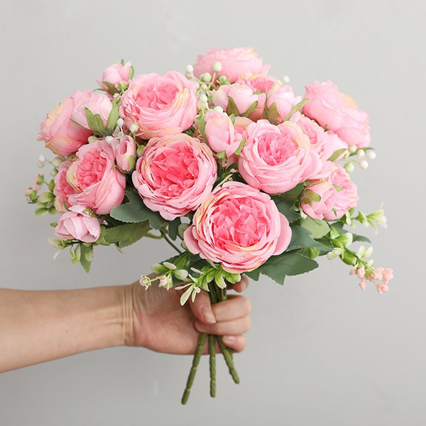 1bunch Pink Silk Peony Artificial Flowers Rose Wedding Home DIY Decor High  Quality Big Bouquet Foam Accessories Craft White Fake Flower