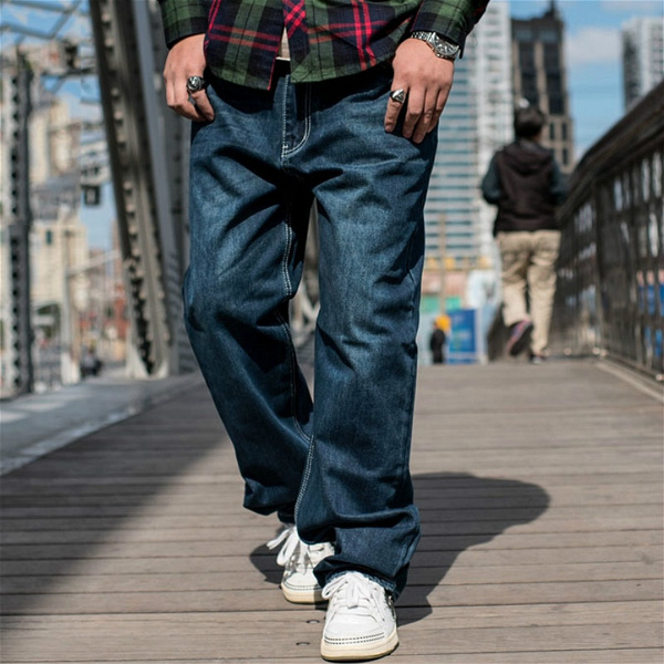 Men Baggy Jeans Wide Leg Denim Pants Vintage Hip Hop Style Loose Trousers  Plus Size Blue