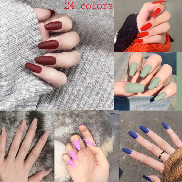 24pcs Set Full Cover Press On False Nails Matte Wearable Stiletto Fake Nails Art Tips Ballerina Nail Tools Wish