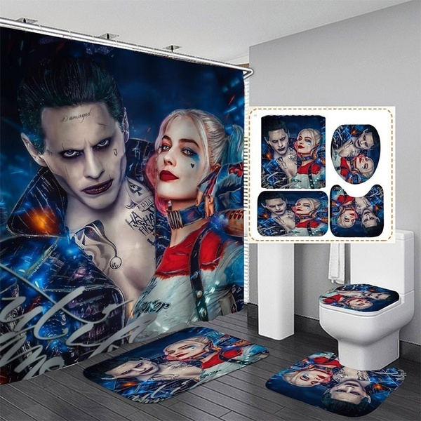 Funny Harley Quinn Love Batman Bathroom Rug Shower Curtain Toilet Lid Cover Mats