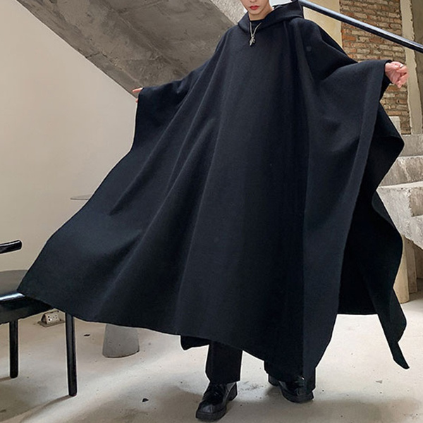 Black Coats Winter Men Long Sleeve Irregular Shirt Poncho Cloak Retro Top  Outwear
