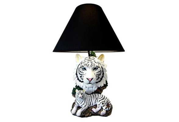 Ebros White Rare Alaskan Tiger Desktop Table Lamp Statue With Black Fabric Shade 