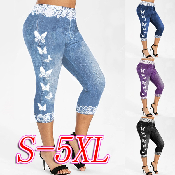 Plus Size Women Ladies Butterfly Print Jeans Look Like Pants