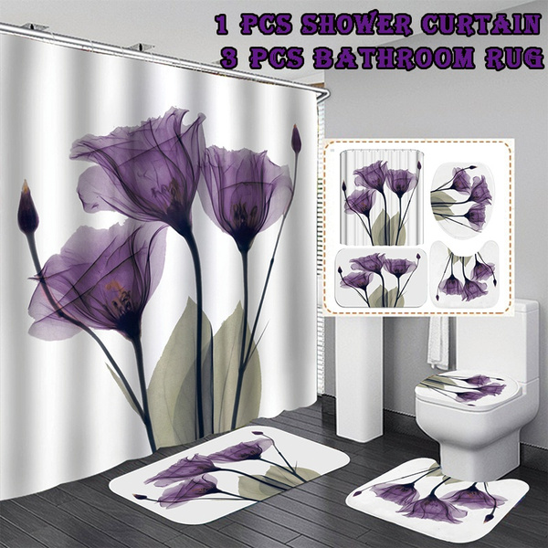 3D Lavender Flower Bathroom Shower Curtain Bath Mat Toilet Cover