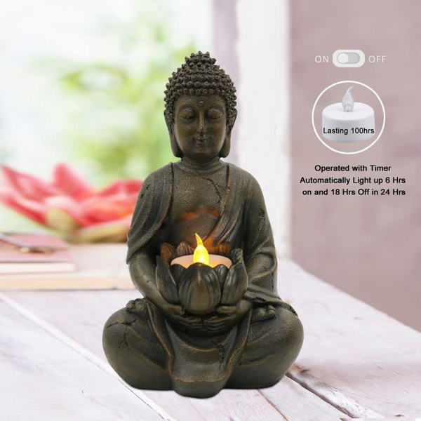 Garden Sitting Buddha Tealight Candle Holder Ornament Statue Stone Effect Home 