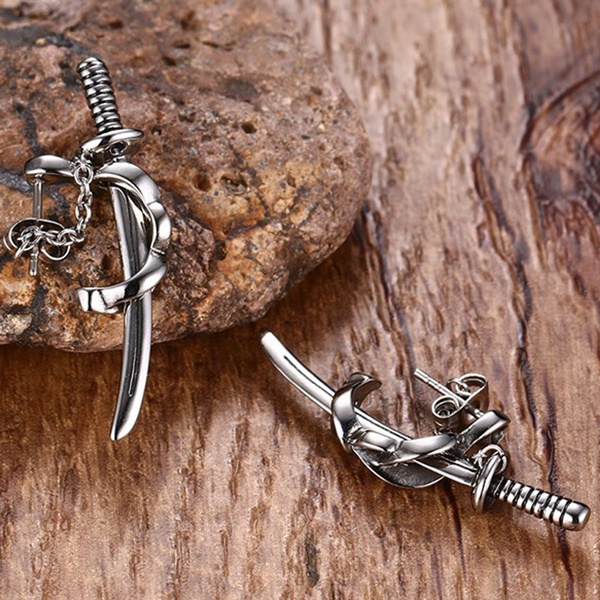 Men Japanese Samurai Scimitar Sword Stud Earrings For Men Small Vintage Stainless Steel Katana Ear Piercing Earing Punk Jewelry Wish