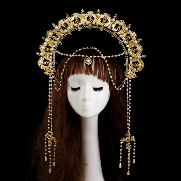 Women Sun Beads Tassels Hair Band  Halo Crown Virgin Mary Headpiece Headpiece