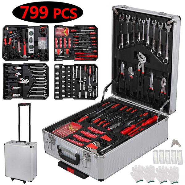 799 Pieces Mechanics Tool Set Standard Metric Hand Tool Kit with Case  Aluminium Tool Chest Box Organizer Castors Trolley with Removable  Telescoping Handle Silver Case