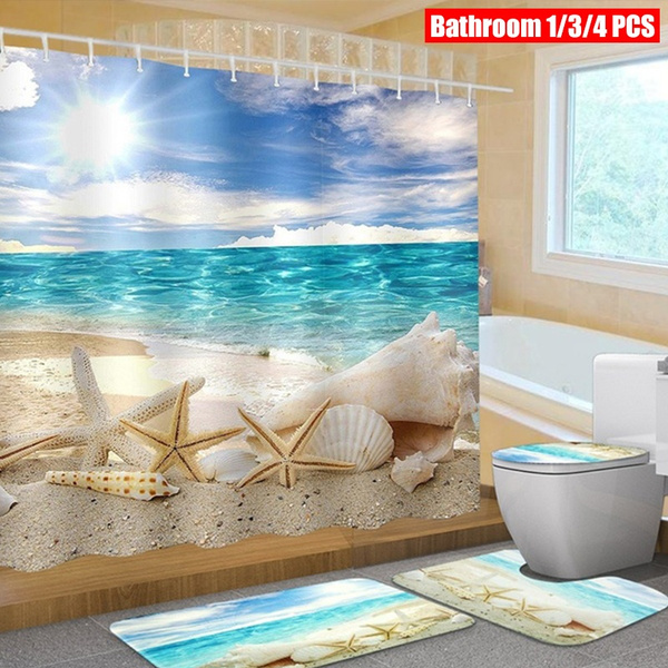 Beach Shell Non-Slip Rug Lid Cover Bath Mat Shower Curtain Bathroom Decor Carpet 