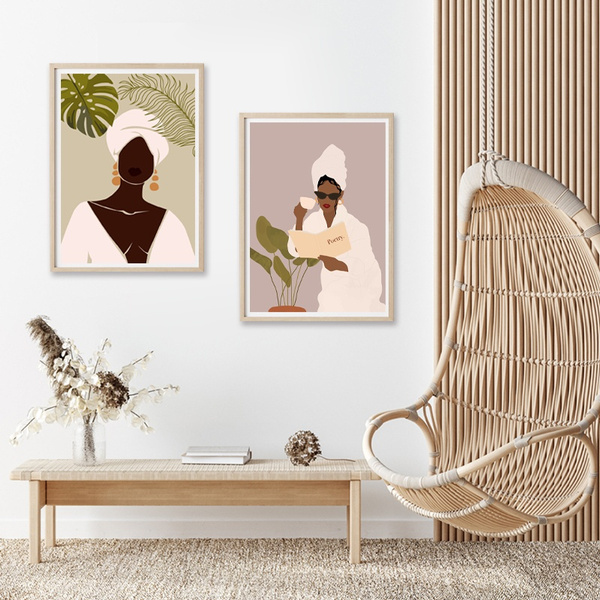 Unframed Fashion Afro Girl Canvas Painting Boho Wall Art African ...