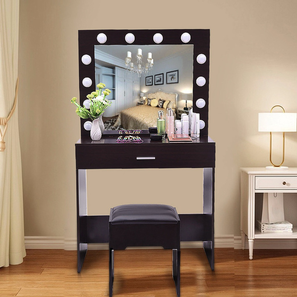 Vanity Set With Lighted Mirror, Dressing Table Makeup Vanity Set With Lighted Mirror Cushioned Stool