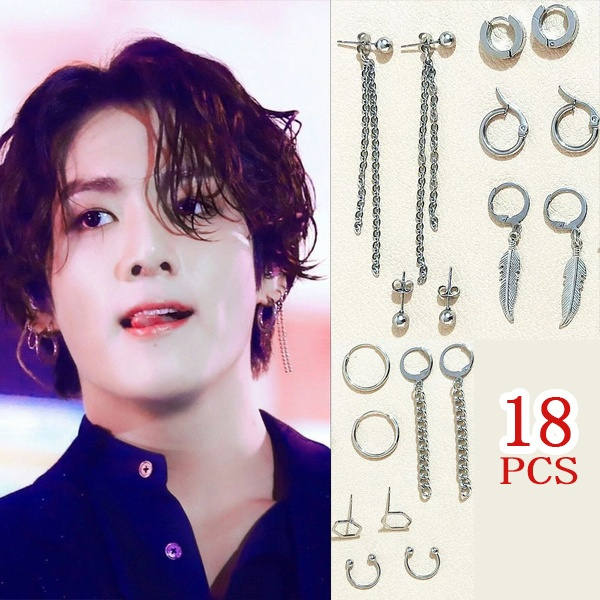 sympati artilleri Maestro 18 pcs/set Jungkook V Earrings DNA Korean Earrings Long Men Bangtan Boys V  DNA hoop Earring For Women Men Album Accessories | Wish
