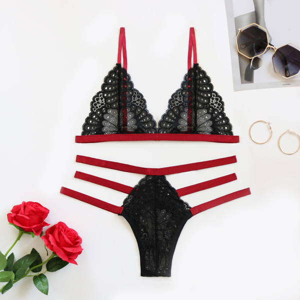 New Sexy lingerie Women's lace Seamless bra set transparent bra black red  bra and panty set Female Floral see through bra