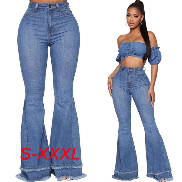 Off Shoulder Short Sleeve Crop Top Curled Bell Bottom Jeans Pants Women  Sexy Night Club Suit Casual Outfits