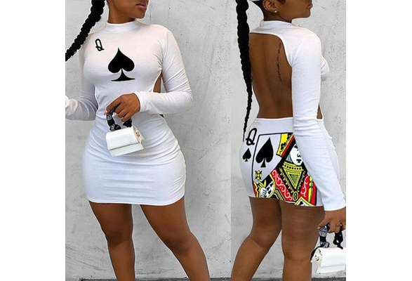 poker print backless bodycon dress