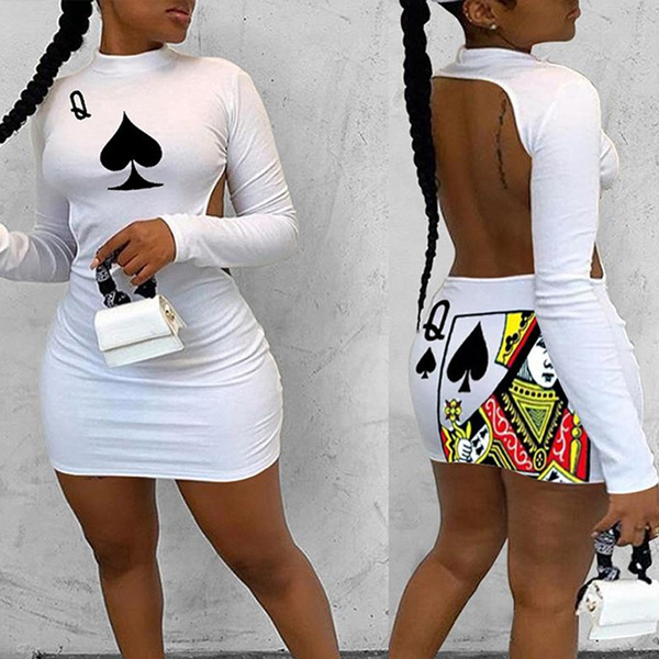 poker print backless bodycon dress