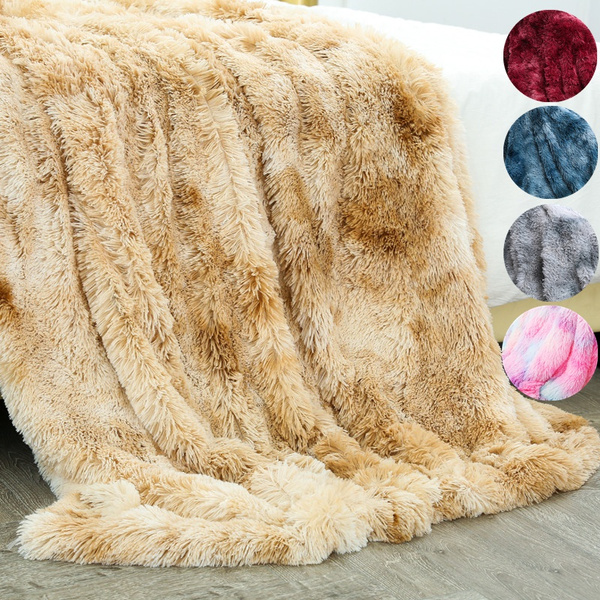 Faux Fur Throw Blanket Gradient Color Soft Flannel Throw Blanket for