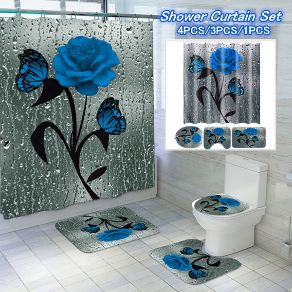 3D Blue Rose Shower Curtain Bathroom Rug Set Bath Mat Anti-Slip Toilet Lid Cover 