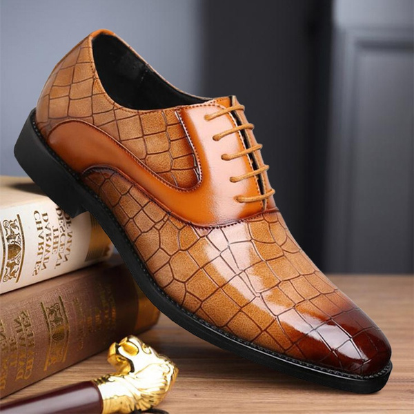 Mens Fashion Bussiness Formal Dress Shoes Crocodile Pattern Leather Oxford Shoes Classic Lace-Up Casual Shoes 