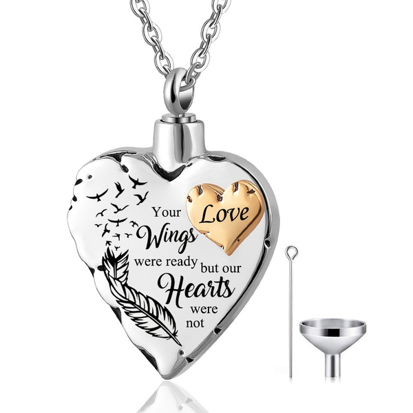 Memorial Ash Holder Urn Necklace Stainless Steel Heart Angel Wing