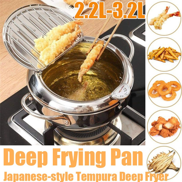 Kitchen deep frying pot with lid and thermometer non stick tempura